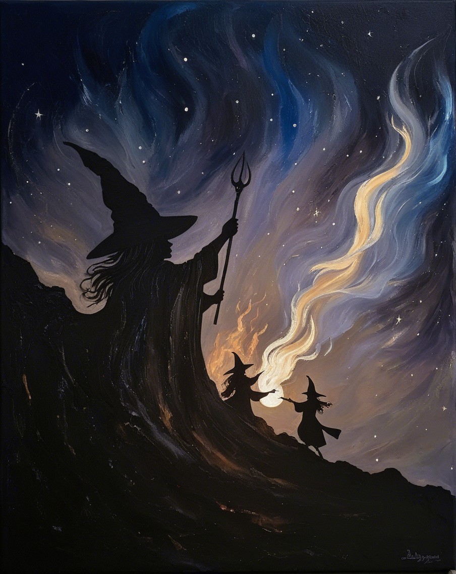 Mystical Wizards Under a Starry Sky with Colorful Swirls