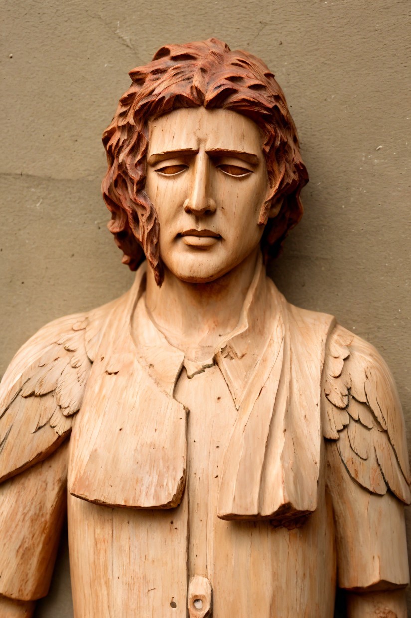 Wooden Sculpture of a Serene Man with Wings