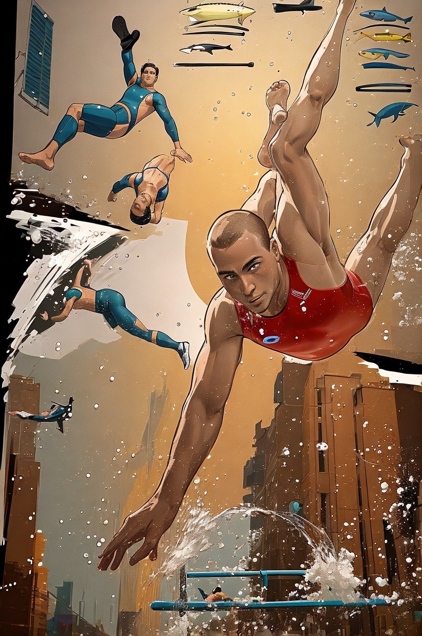 Digital Illustration of Divers Jumping into Pool