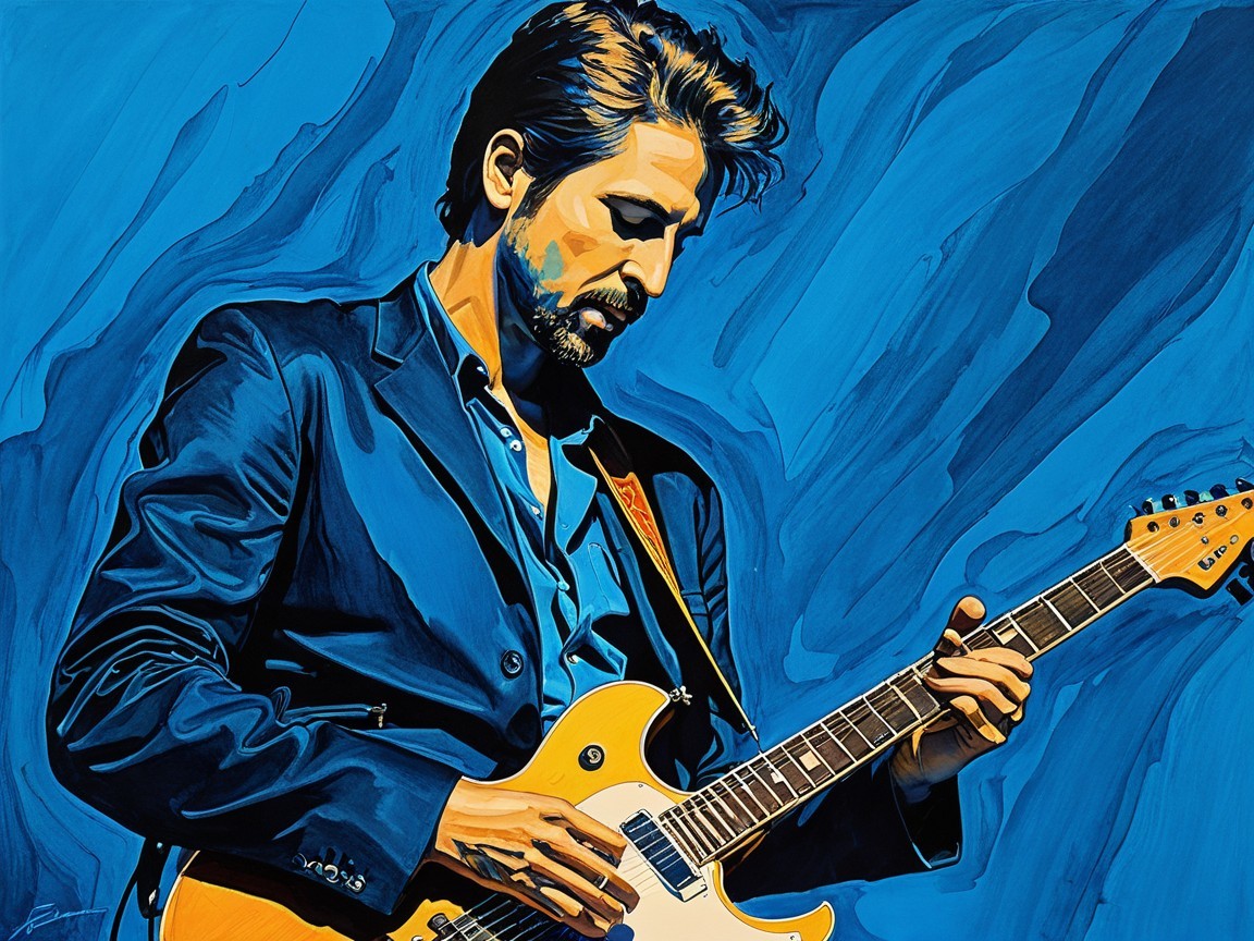 Musician Playing Electric Guitar in Blue Suit
