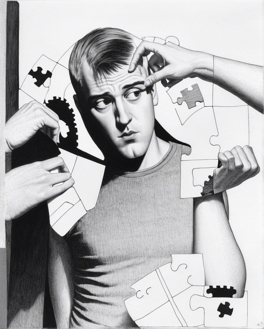 Young man surrounded by puzzle pieces in monochrome art