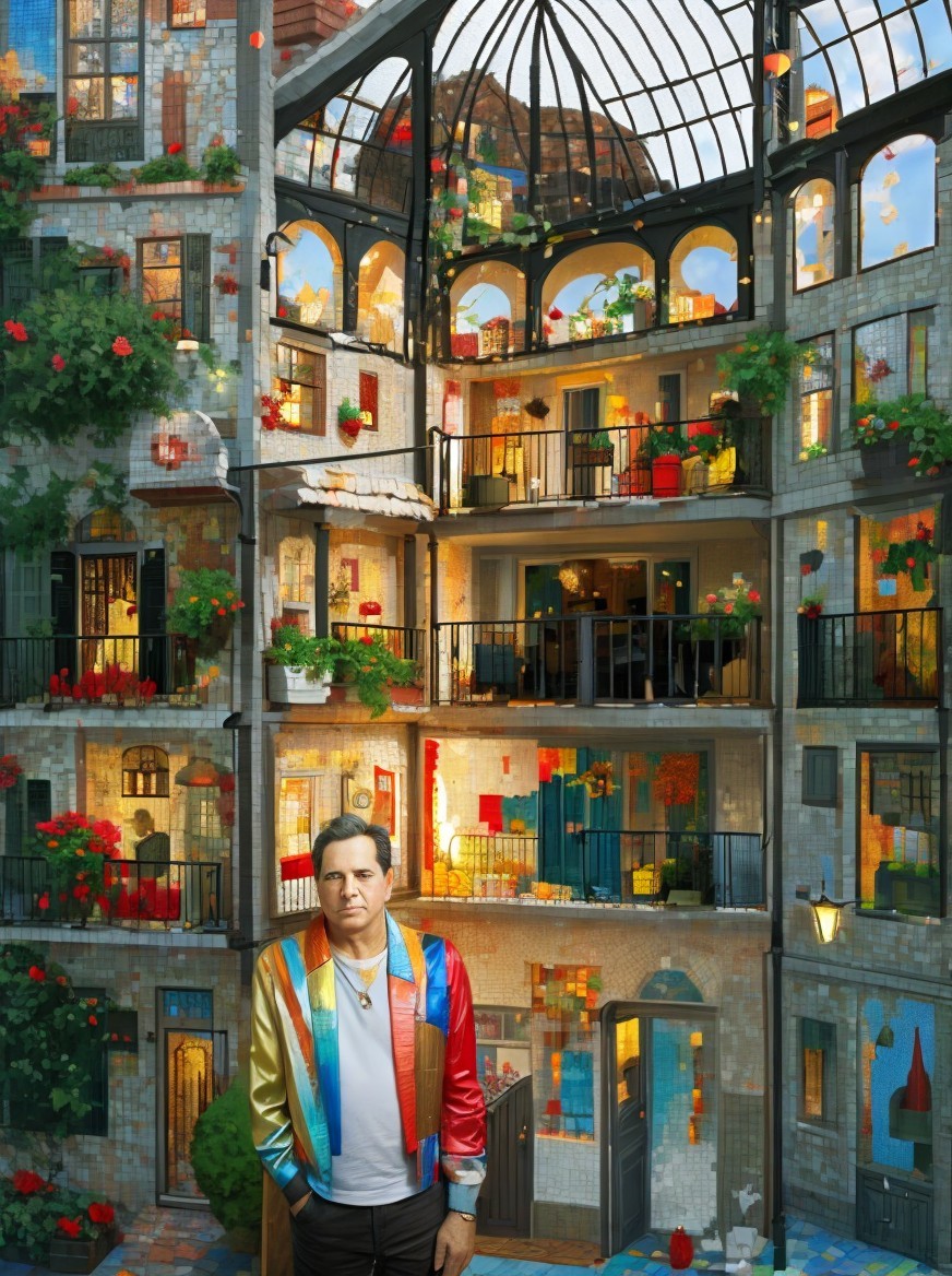 Vibrant Courtyard with Colorful Mosaics and Greenery