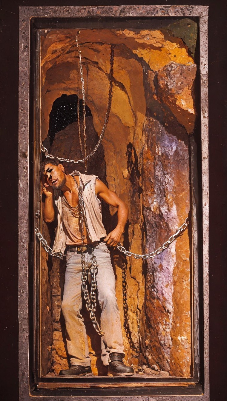 Man in Chains in Dimly Lit Rocky Environment
