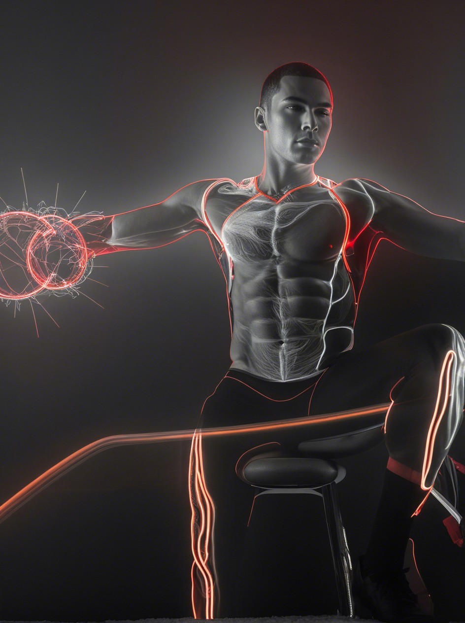 Cyborg Man in Black Room with Muscular Features