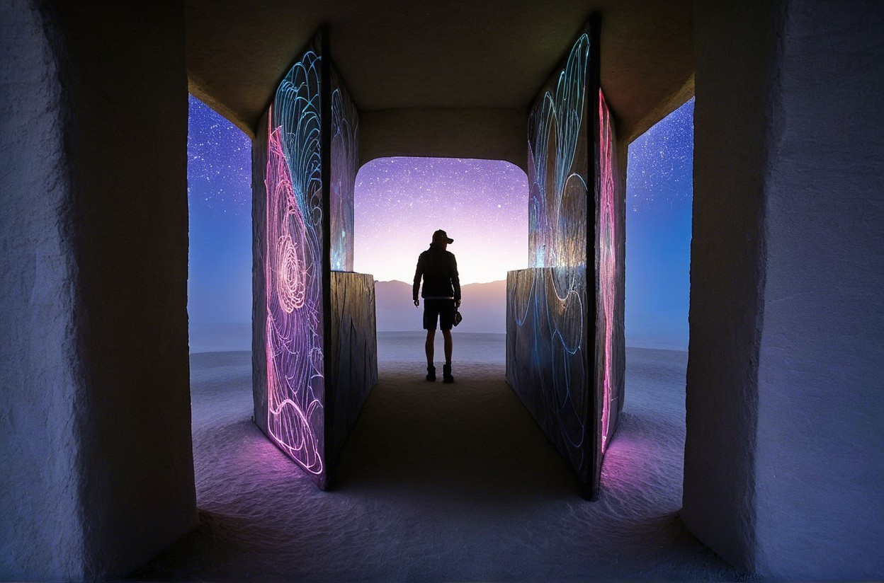 Lone Figure Between Two Illuminated Doors in Landscape