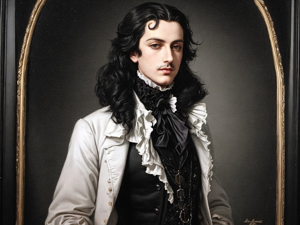 Young man in elegant coat with ornate backdrop