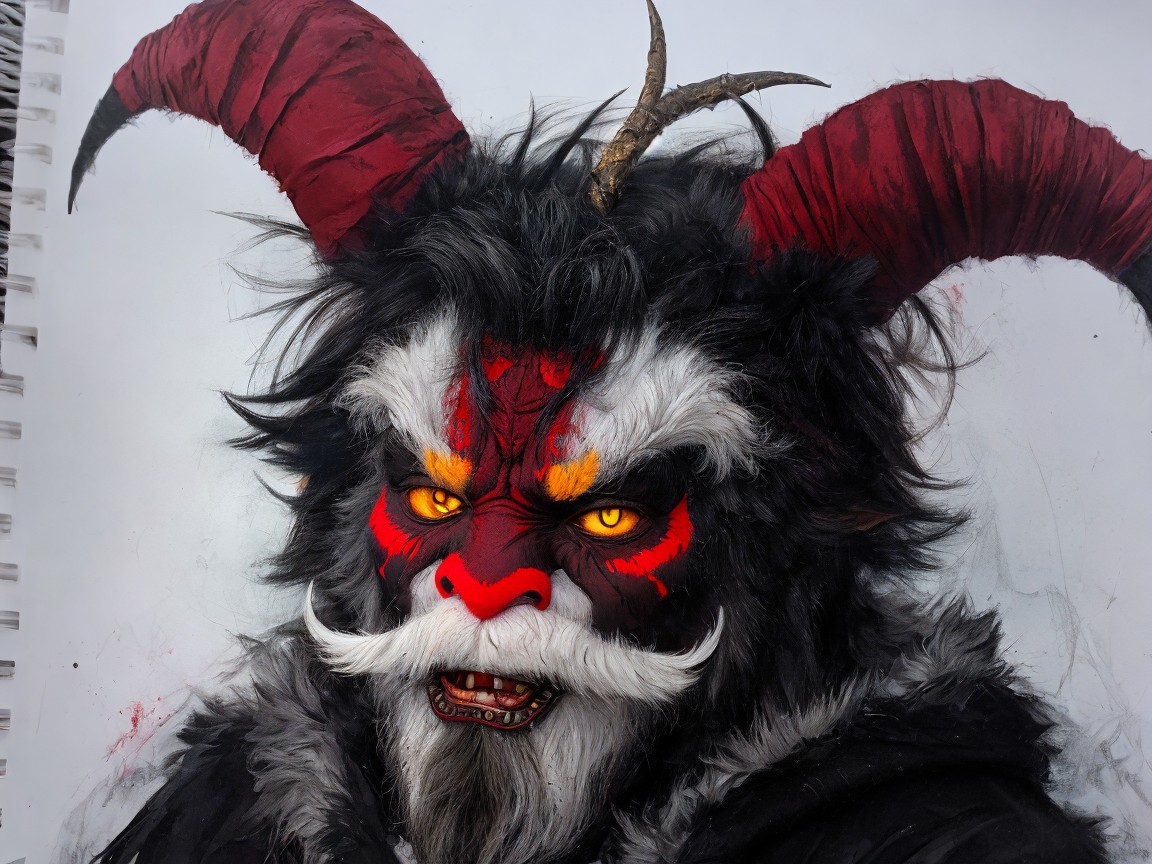 Fantastical character with red horns and yellow eyes