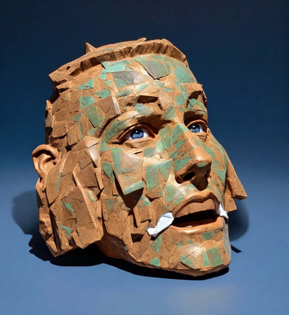 Fragmented Terracotta and Turquoise Face Sculpture