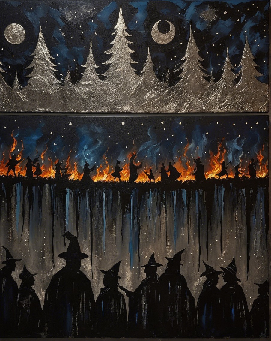 Nighttime Scene with Silver Trees and Silhouetted Figures