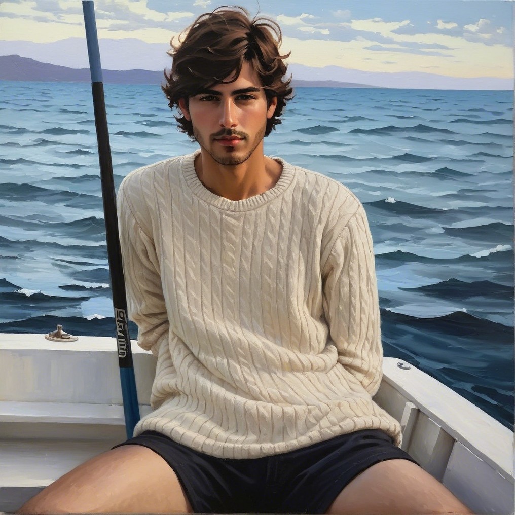 Young man in sweater on boat by calm blue sea