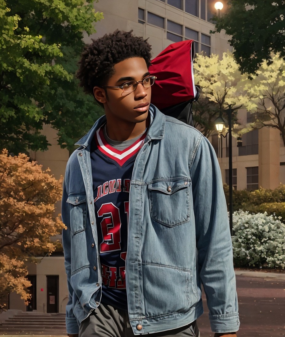 Young man in denim jacket in urban outdoor setting