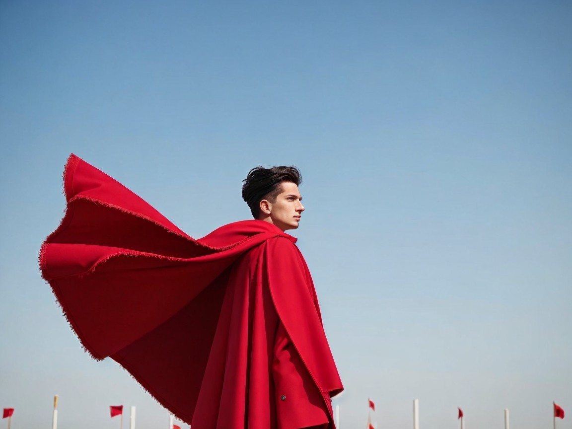 Young man in red cape against blue sky backdrop
