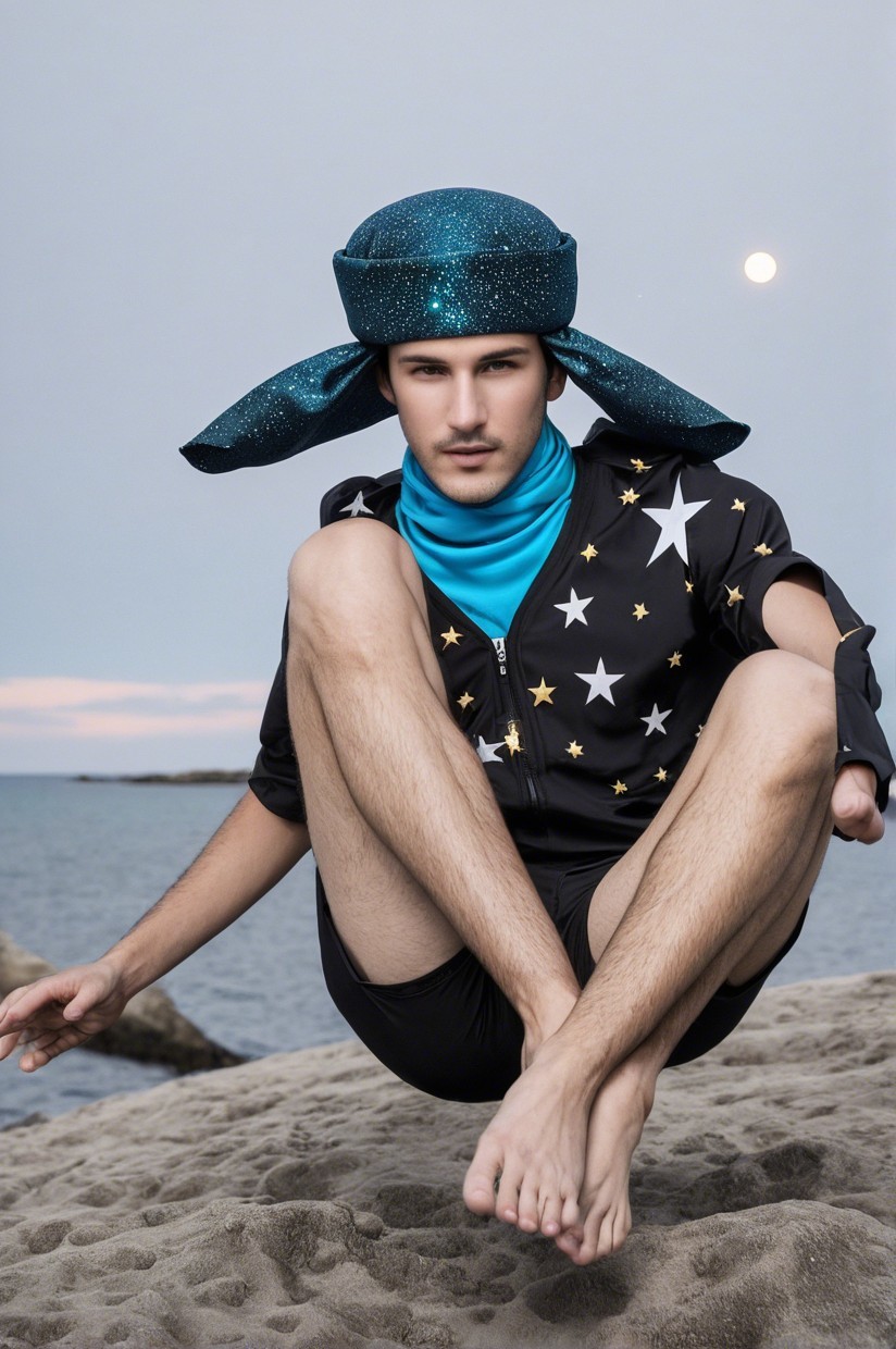 Young Male Model in Beach Setting with Whimsical Attire