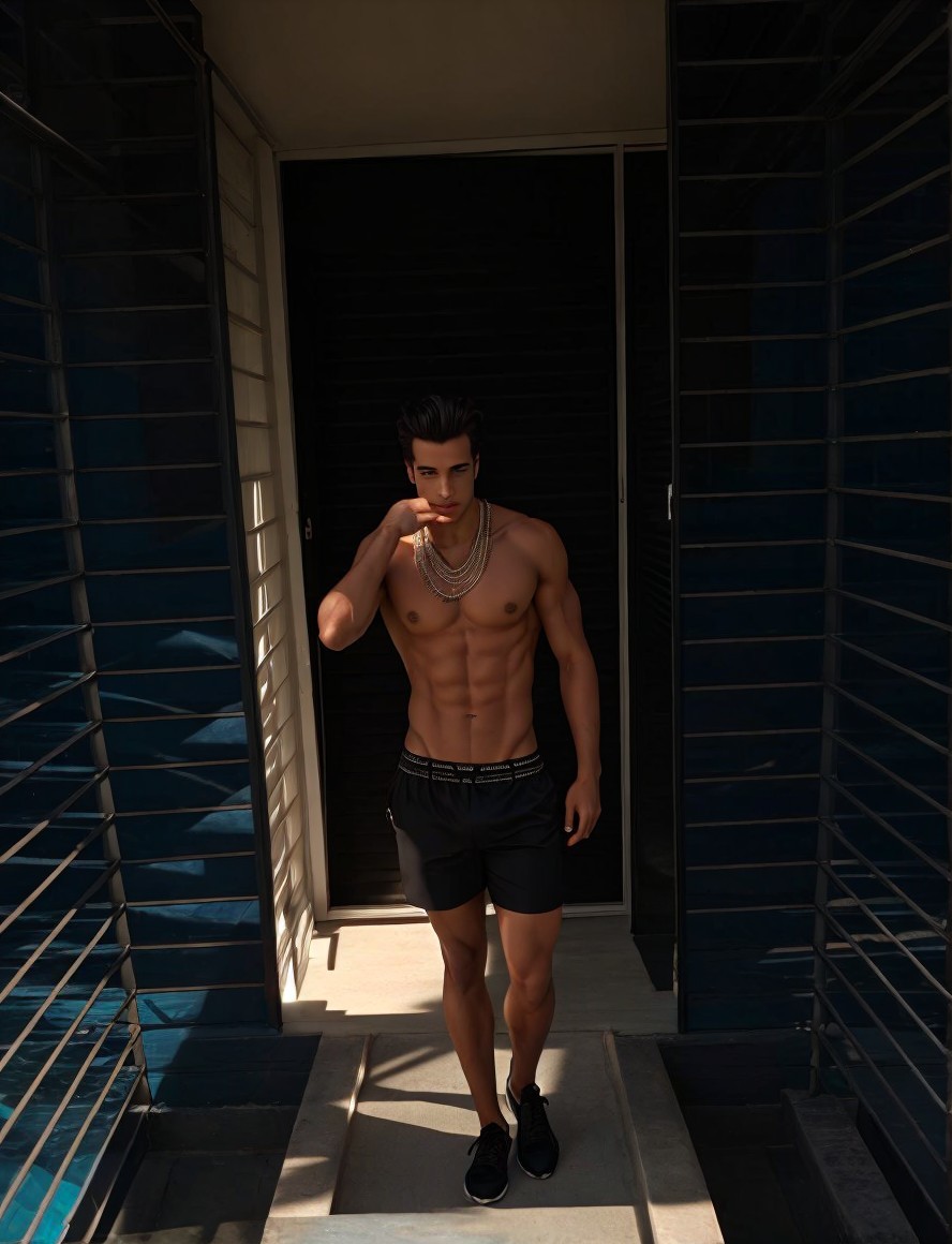 Toned Man in Sleek Entranceway with Modern Architecture