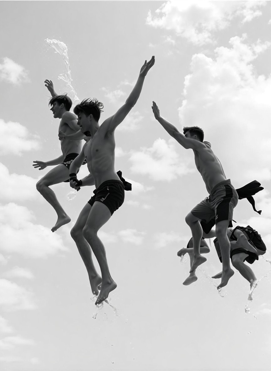 Silhouetted Figures Jumping in Splashing Water