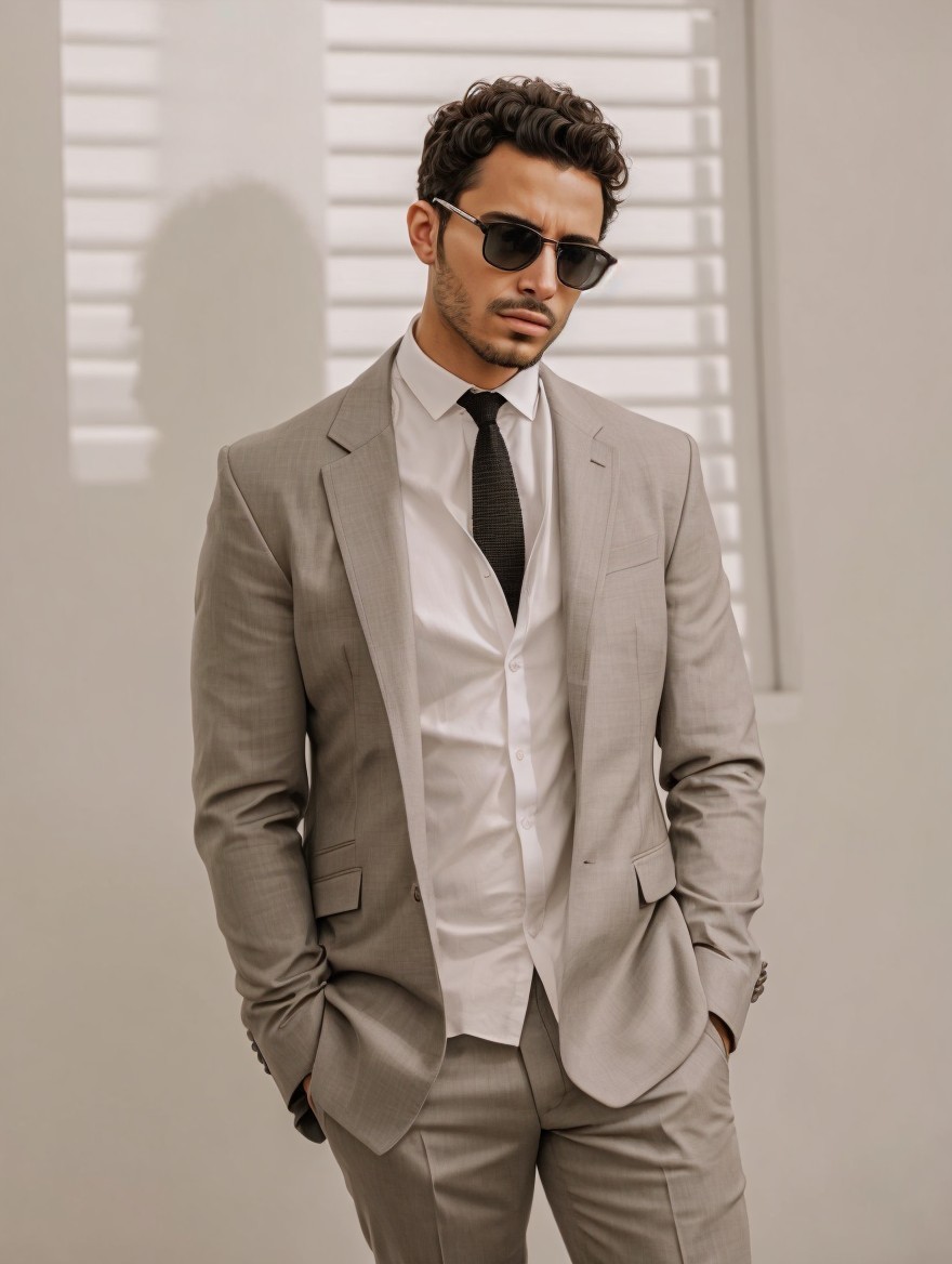 Young man in stylish gray suit and sunglasses