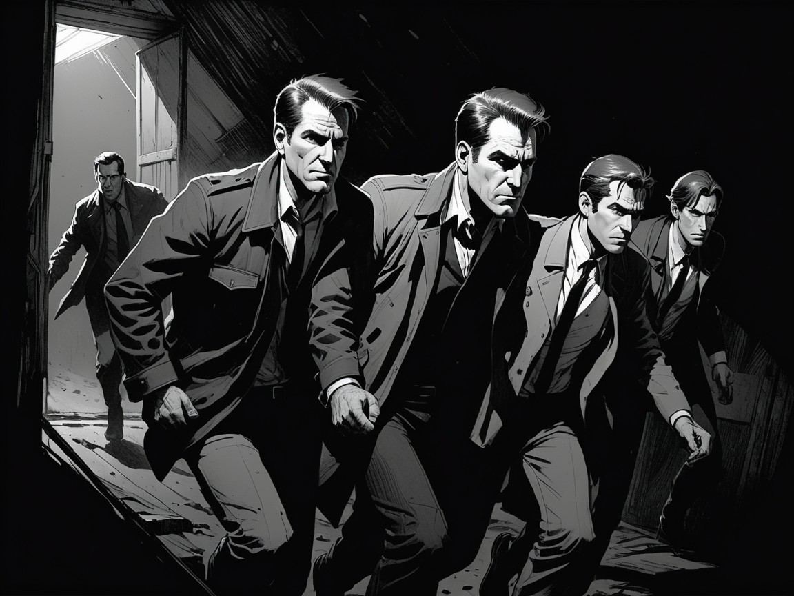 Group of Men in Dark Suits in Dimly Lit Building