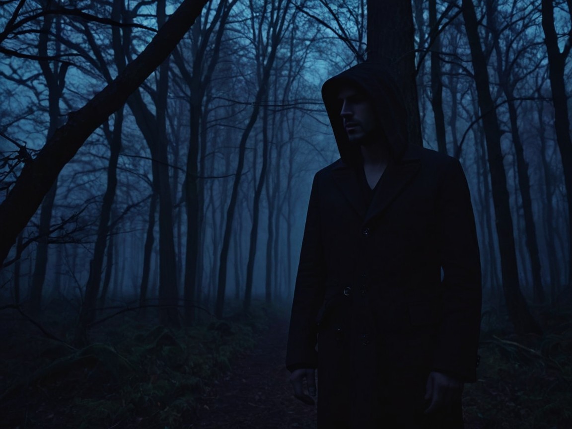 Mysterious Figure in a Foggy Forest Setting