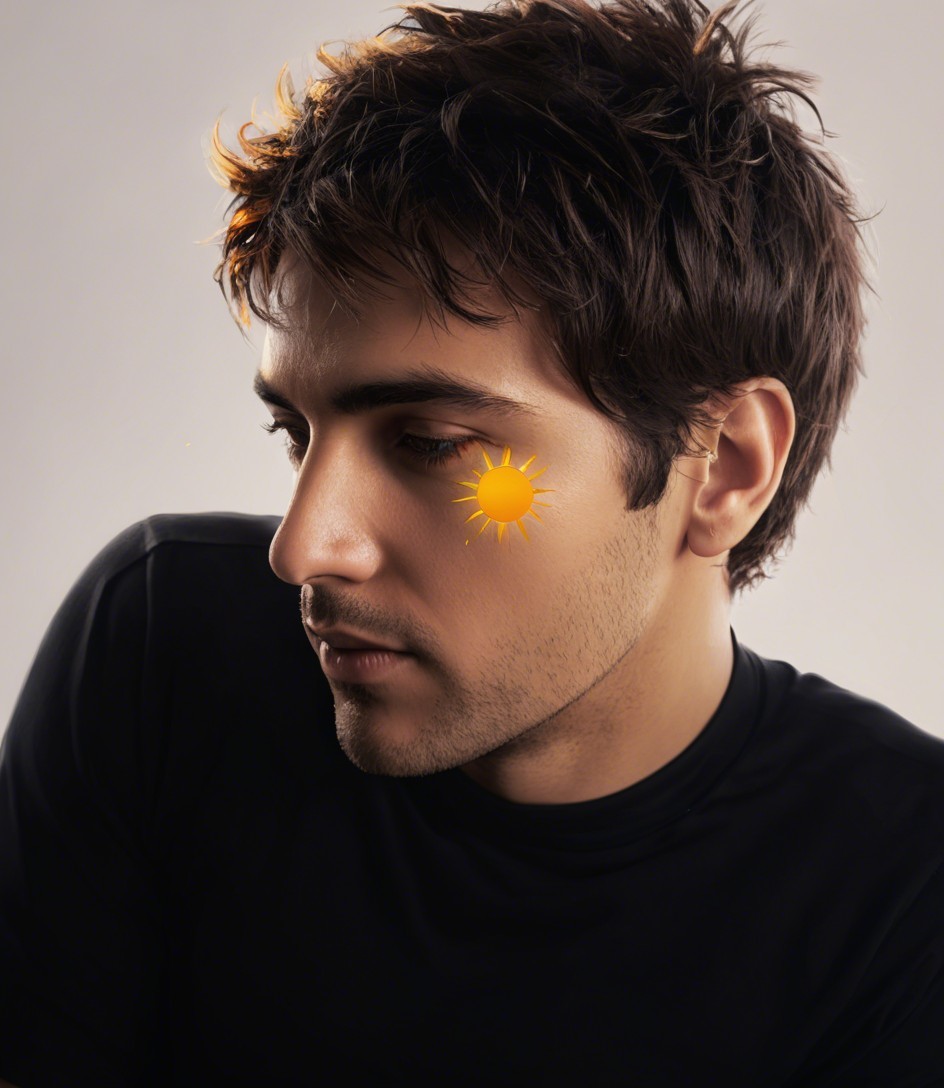 Portrait of a young man with whimsical sun graphic