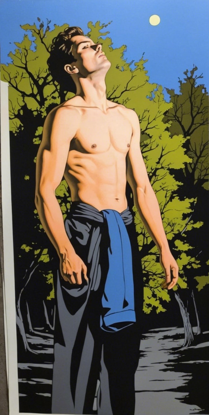Muscular Young Man Gazing at Full Moon Outdoors