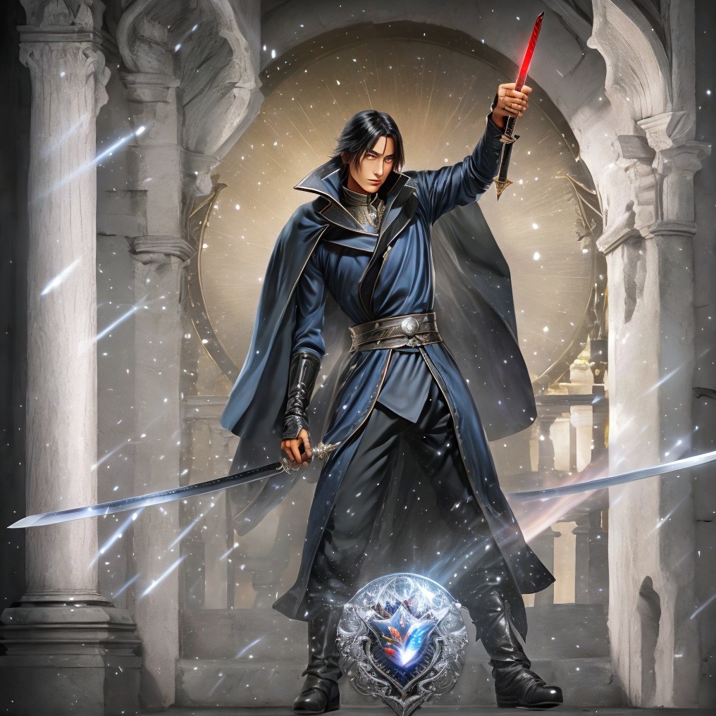 Heroic Figure in Ethereal Setting with Glowing Swords