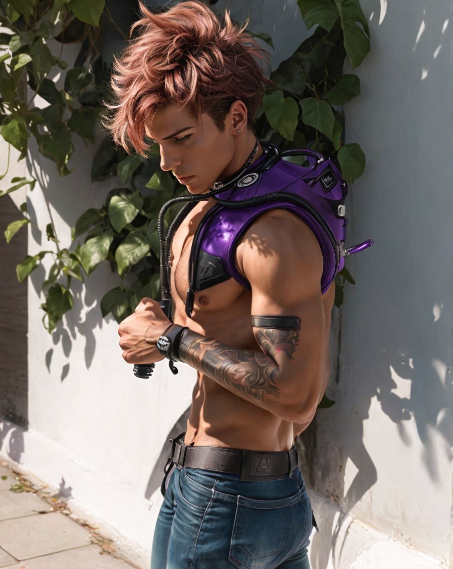 Muscular Young Man in Stylish Purple Vest and Vines