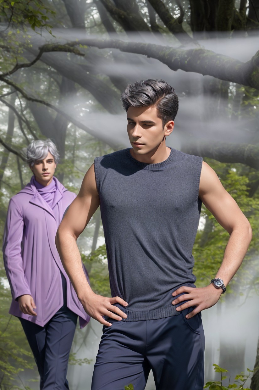 Stylized Male Figures in a Mystical Forest Setting