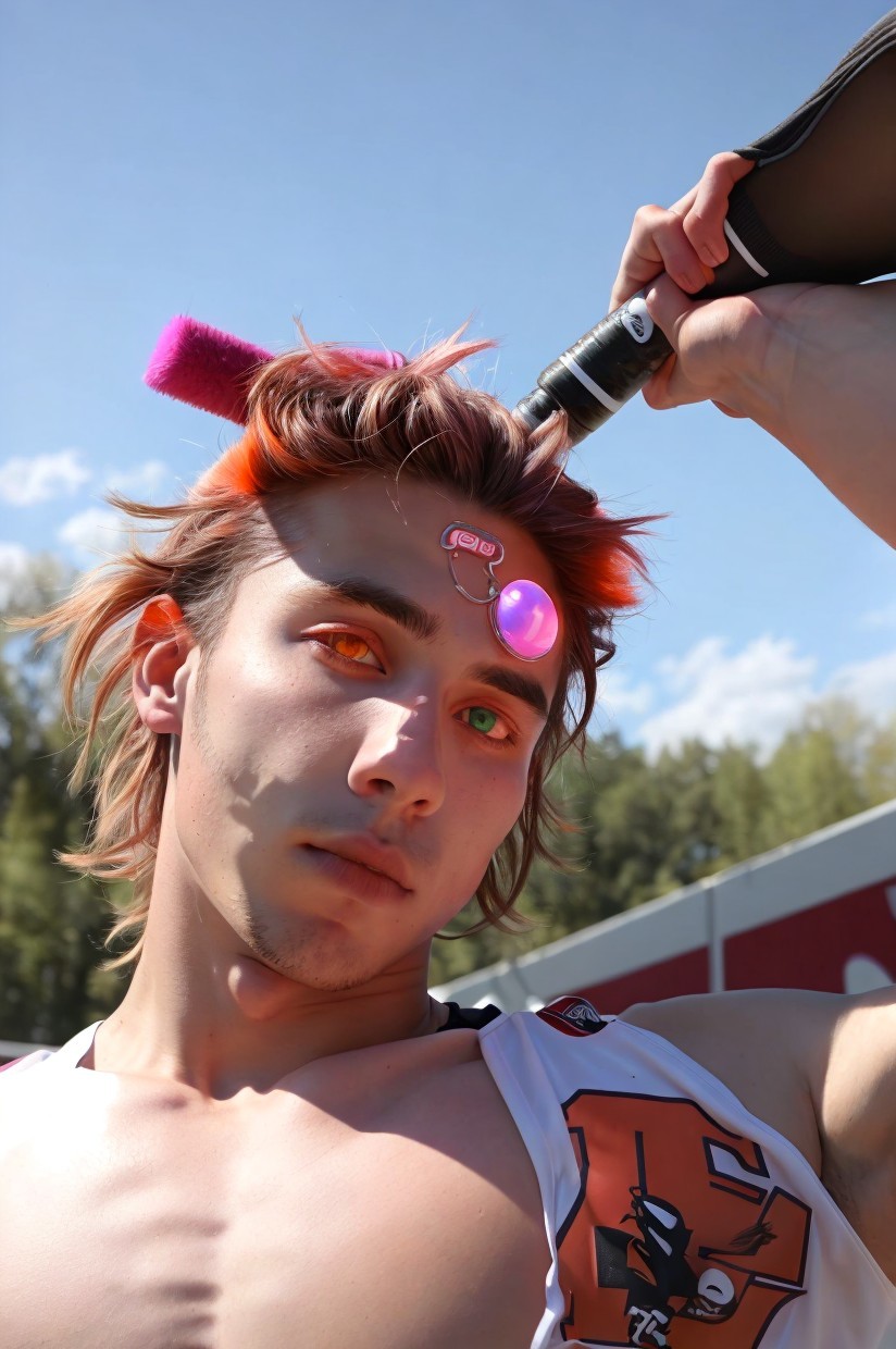 Young man with orange hair and vibrant eyes in blue sky