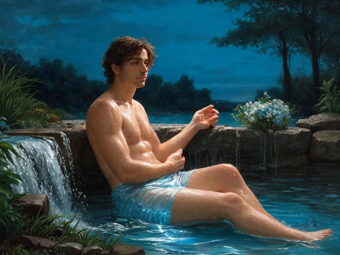 Young Man in Natural Pool Surrounded by Greenery