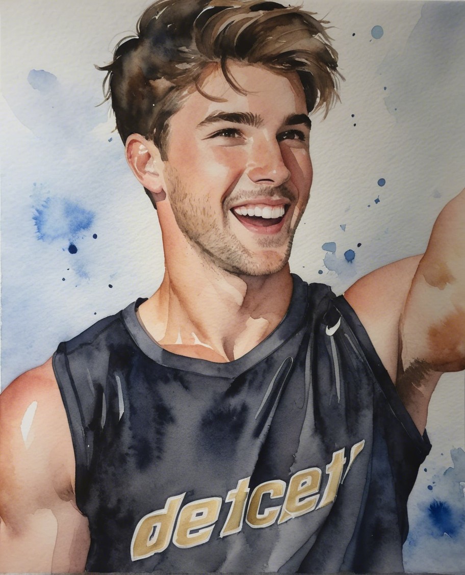 Vibrant Watercolor of Smiling Young Man in Jersey