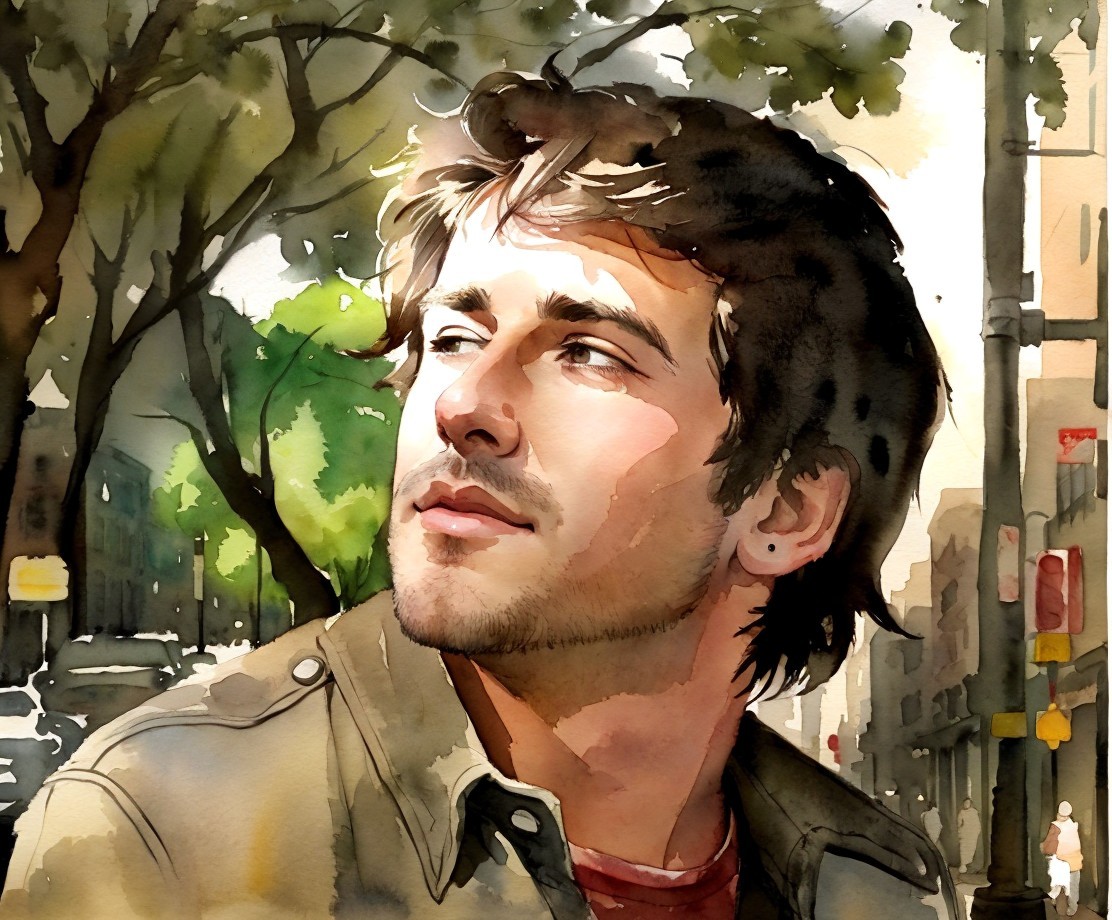 Young man in sunlight with calm expression and shadows