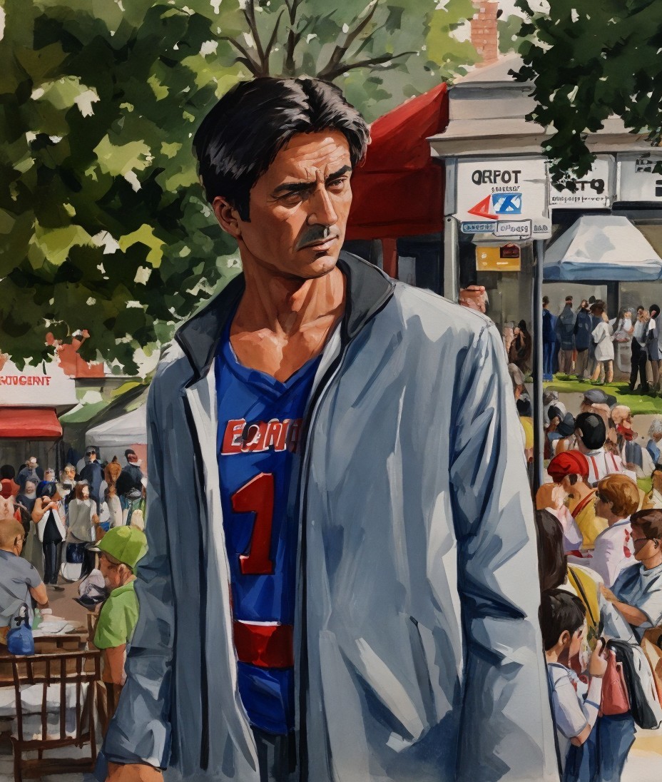 Focused Man in Blue Jersey Amidst Busy Street Scene
