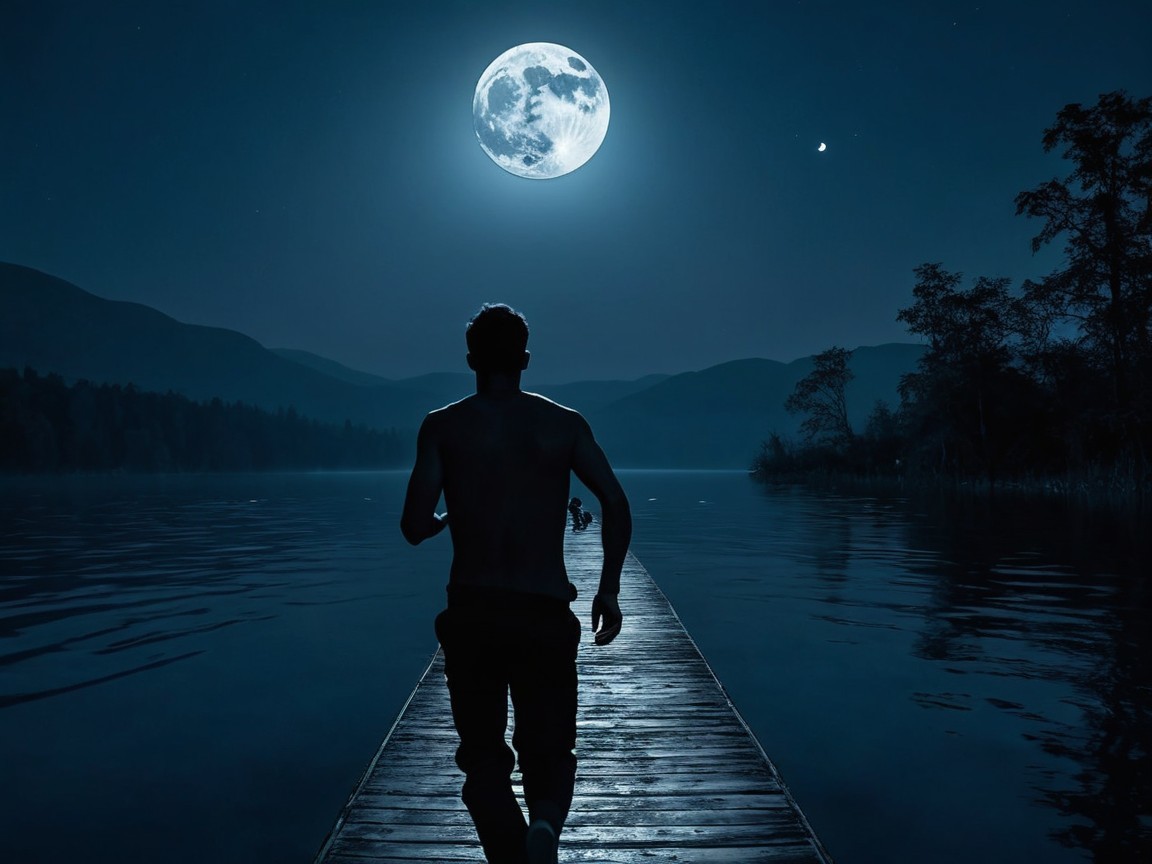 Silhouetted Figure on Dock by Moonlit Lake