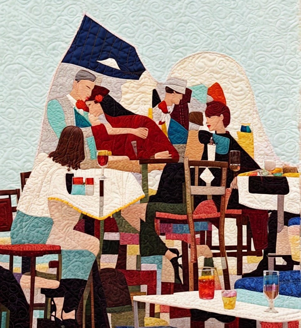Vibrant Quilt Art of Lively Restaurant Scene
