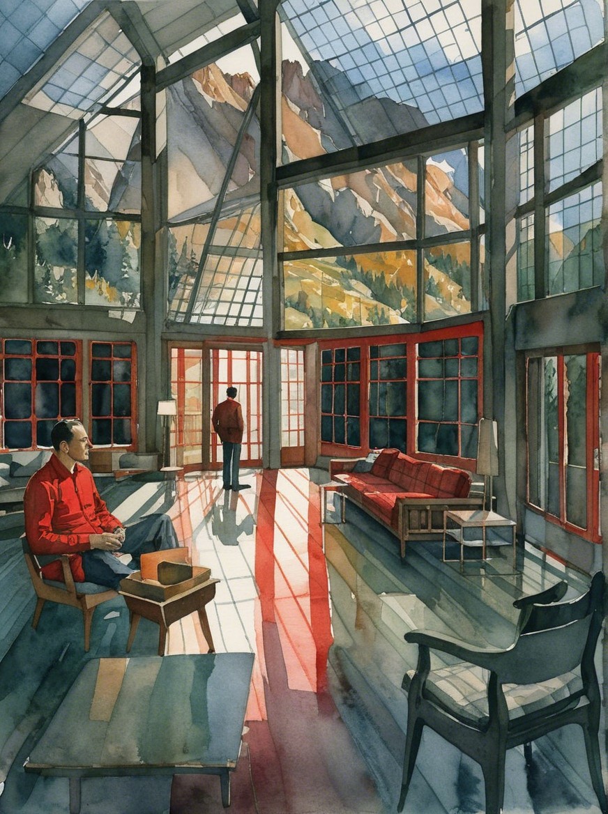 Modern cabin with large windows and mountain views