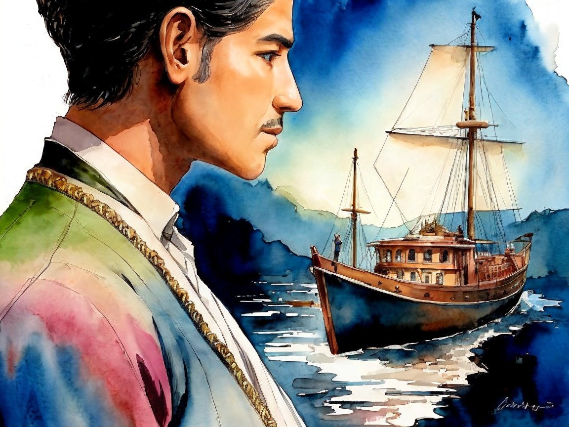Young man in colorful jacket by sailing ship scene