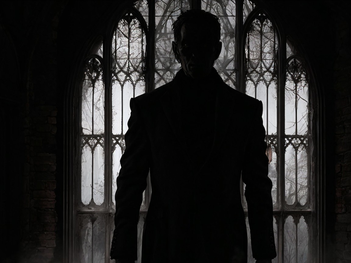 Silhouetted Figure at Ornate Arched Window in Fog