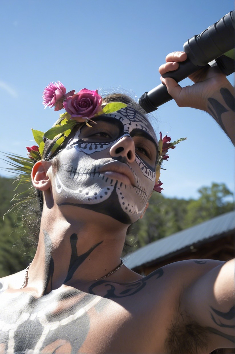 Confident Pose with Sugar Skull Makeup and Tattoos