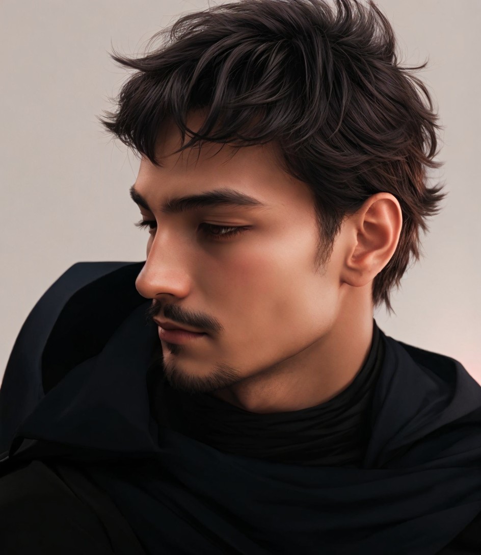 Young man in profile with tousled hair and beard