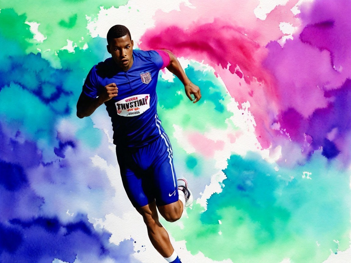 Athlete in Blue Uniform Against Colorful Watercolor Splash