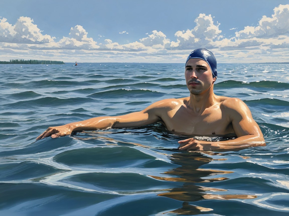 Young man in navy cap floating in calm water