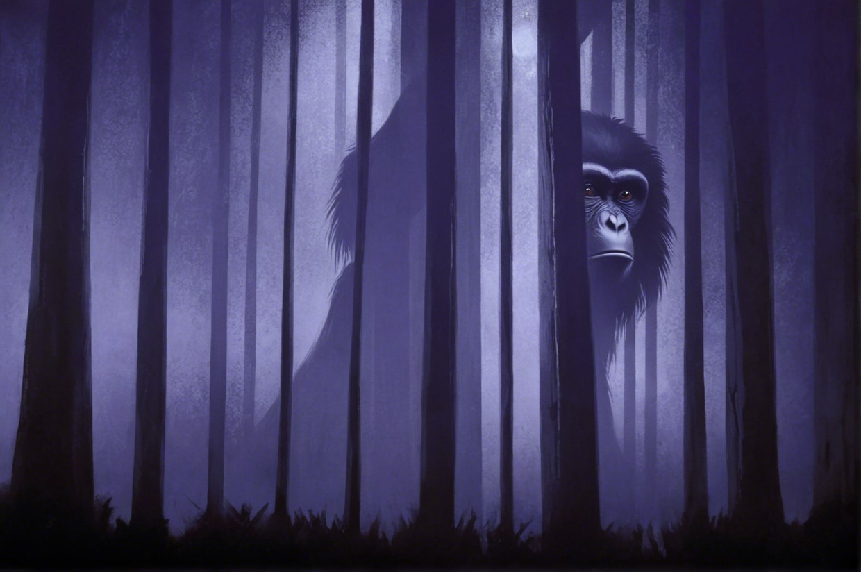 Misty Twilight Forest with Shadowy Gorilla Figure
