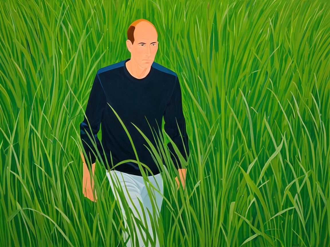 Solitary Figure in Vibrant Green Grass Landscape