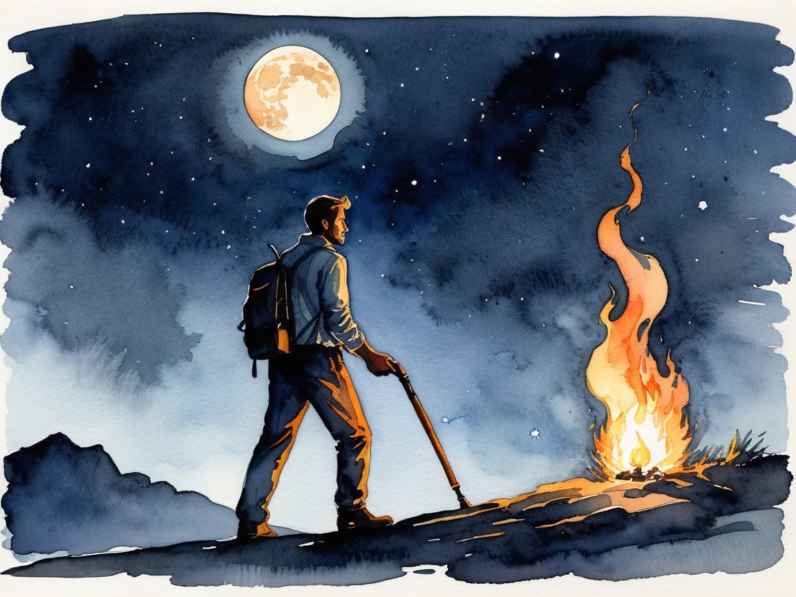 Lone Traveler on Hill Under Starry Night Sky