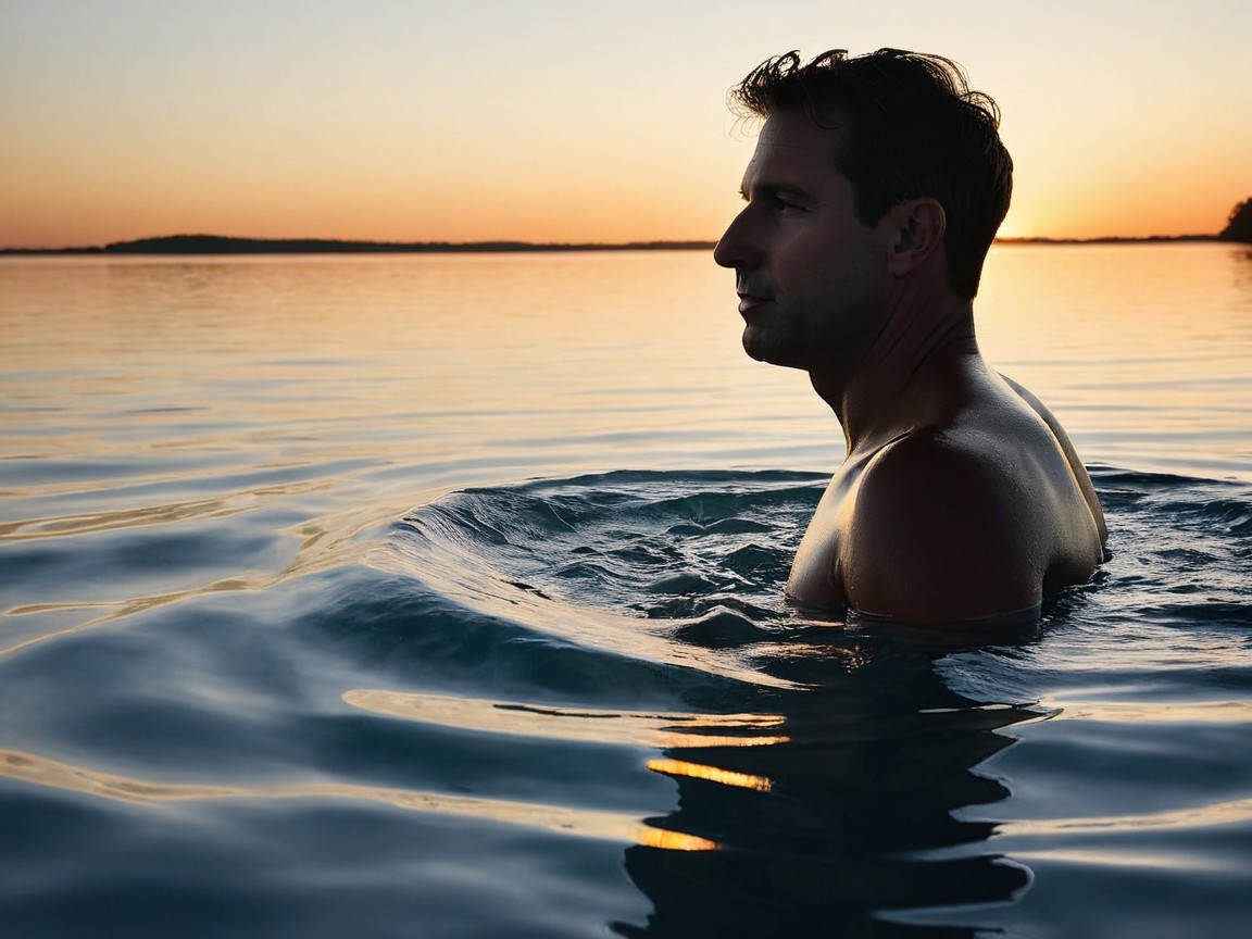 Man in water at sunset with serene reflections