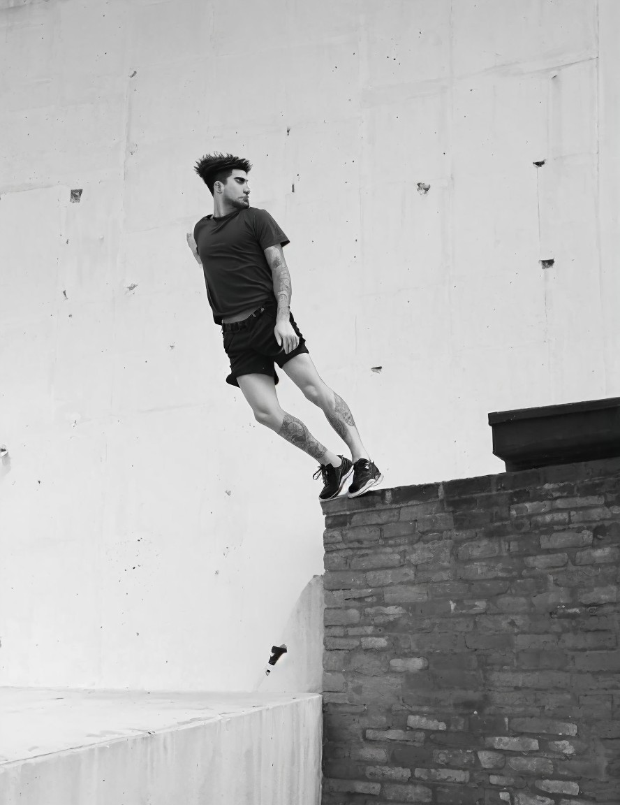 Young man leaping from ledge in urban parkour scene