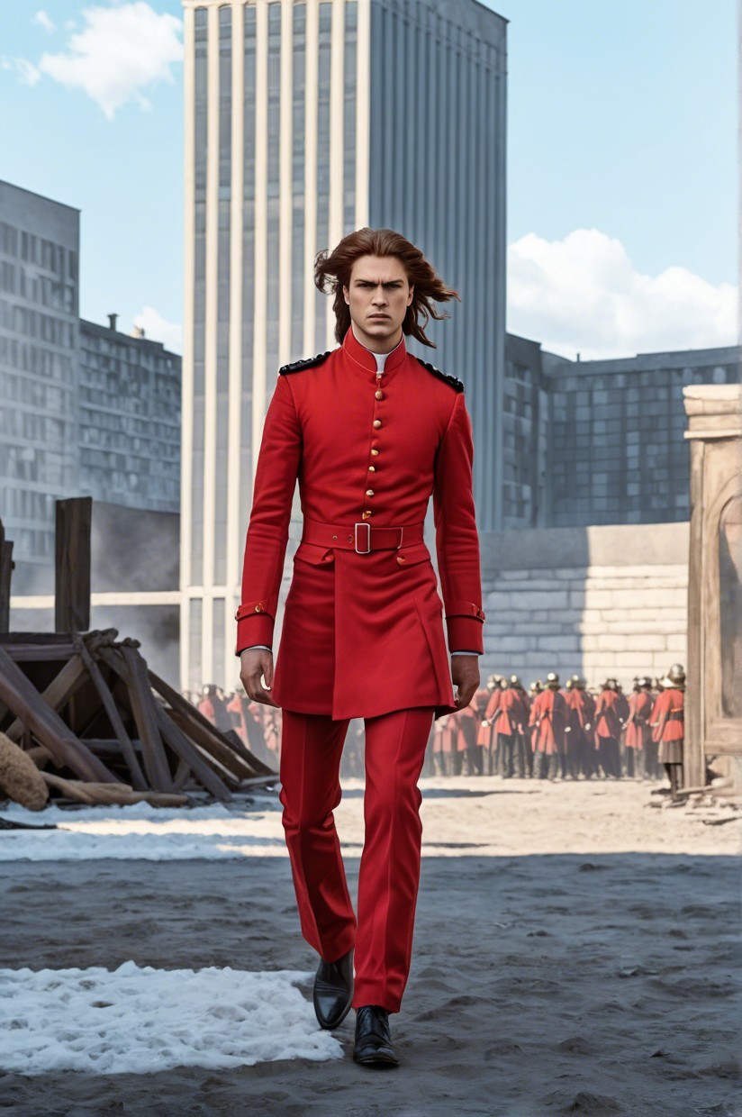 Confident Figure in Red Military Uniform in Barren Landscape