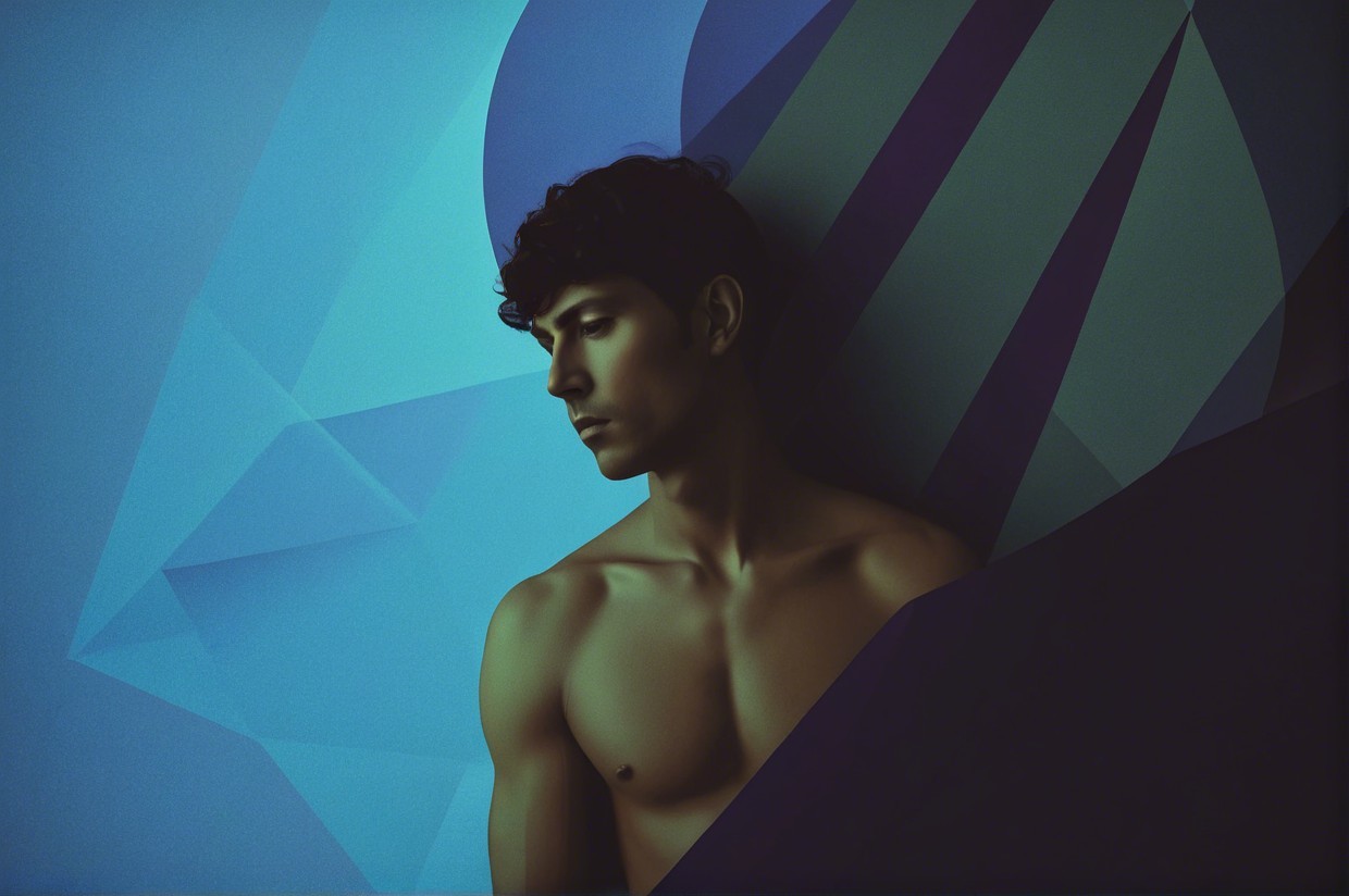 Young man with dark hair against geometric background
