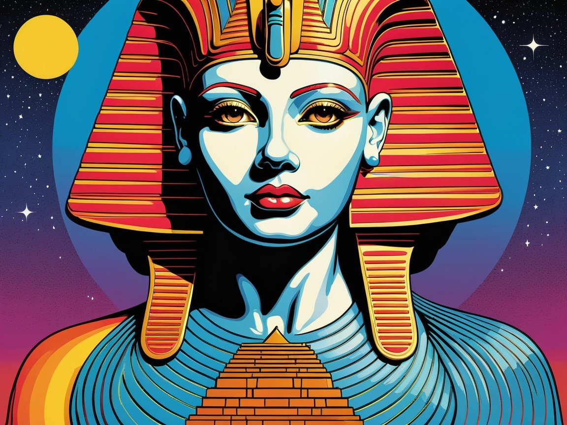 Stylized Ancient Egyptian Figure with Cosmic Background