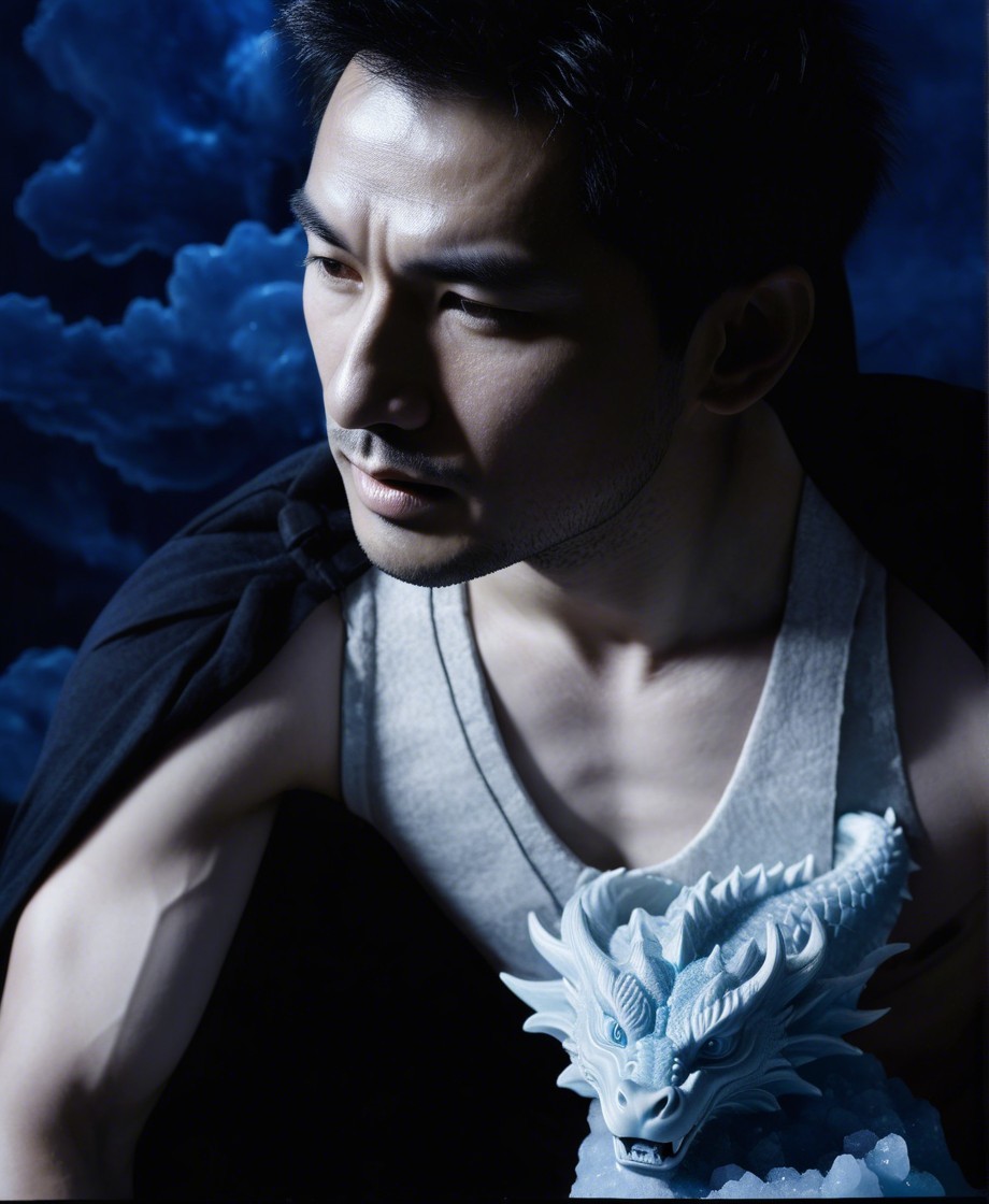 Muscular Man with Dragon Sculpture in Mystical Setting